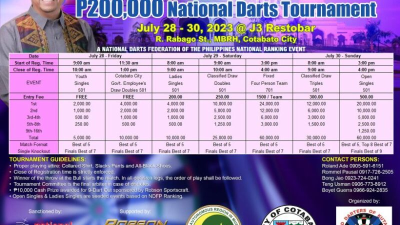 P200,000 1st Mayor Bruce “BM” Matabalao Araw ng Cotabato City National Darts Tournament
