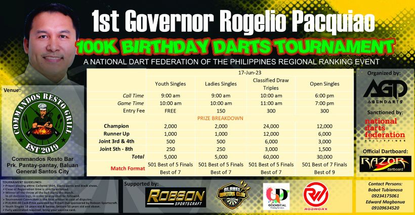 P100,000 1st Governor Rogelio Pacquiao Birthday National Darts Tournament