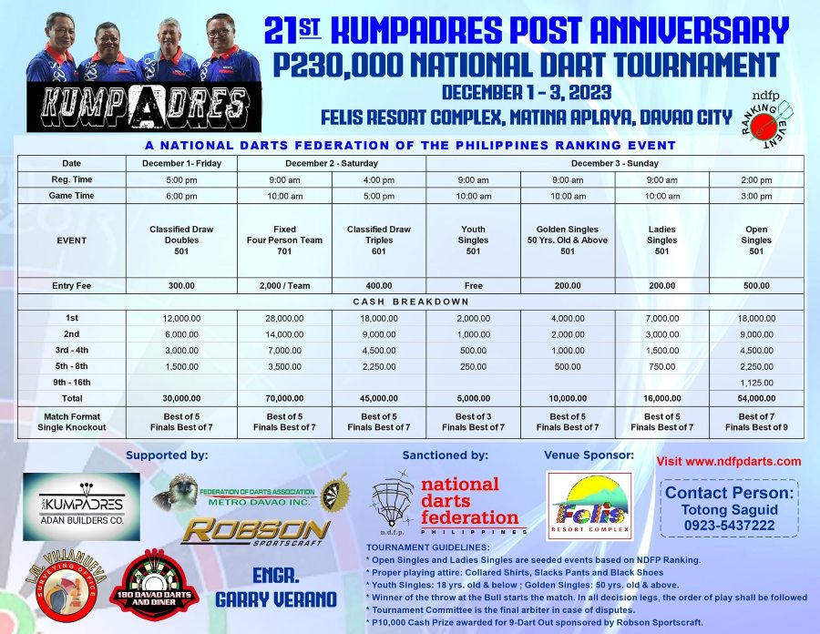 P230k 21st Kumpadres Post Anniversary National Darts 2023 Tournament